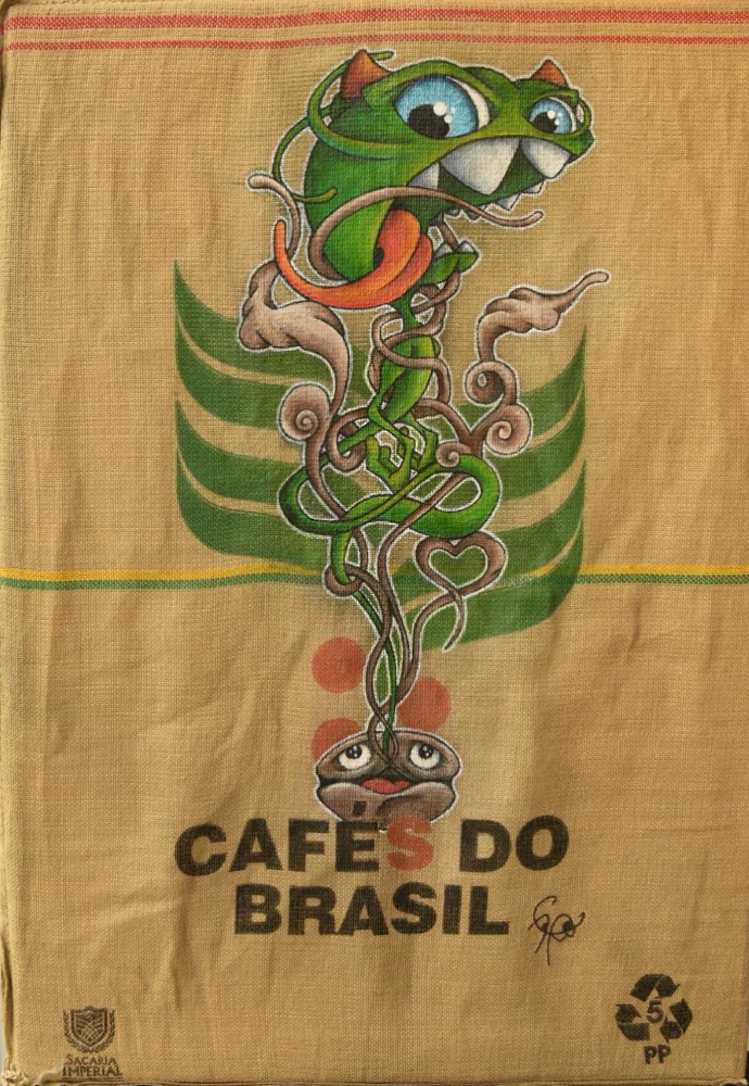 « Pure caféine » Acrylique sur sac de Café 66 x 96 Cap Phi 10/2018
