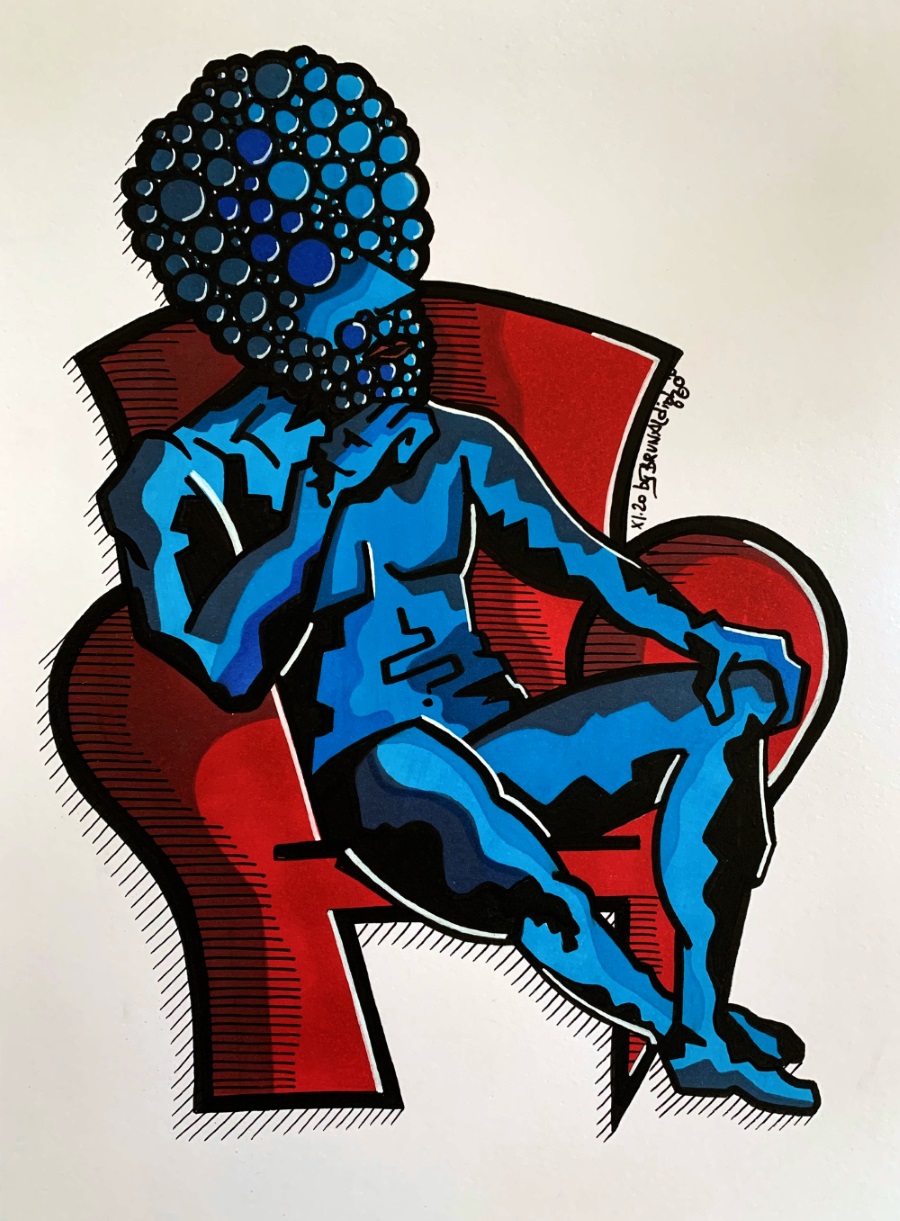 « Le monsieur bleu » Promarker, Posca sur papier - dessin original - 21x29,7 Brunaldinho - 11/20